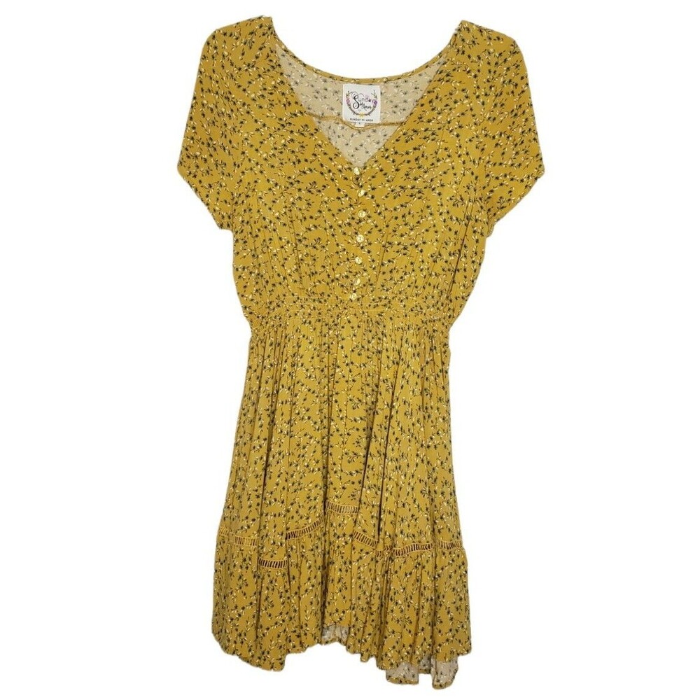 Sunday Mi Amor Floral Yellow Swing Full Skirt High Low dress Size Large